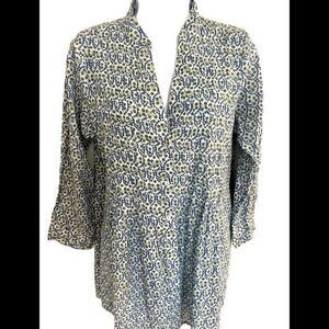 Rock Flower Paper Pintuck Blouse -S green /blue print , cotton